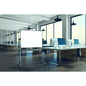 Tablica obrotowo-jezdna, dwustronna, suchościeralna magnetyczna biała, rama aluminiowa, stelaż STANDARD, 150x100xh185 cm