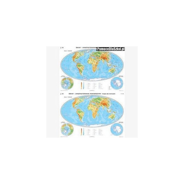 Dwustronna mapa ogólnogeograficzna świata z wersją ćwiczeniową. 